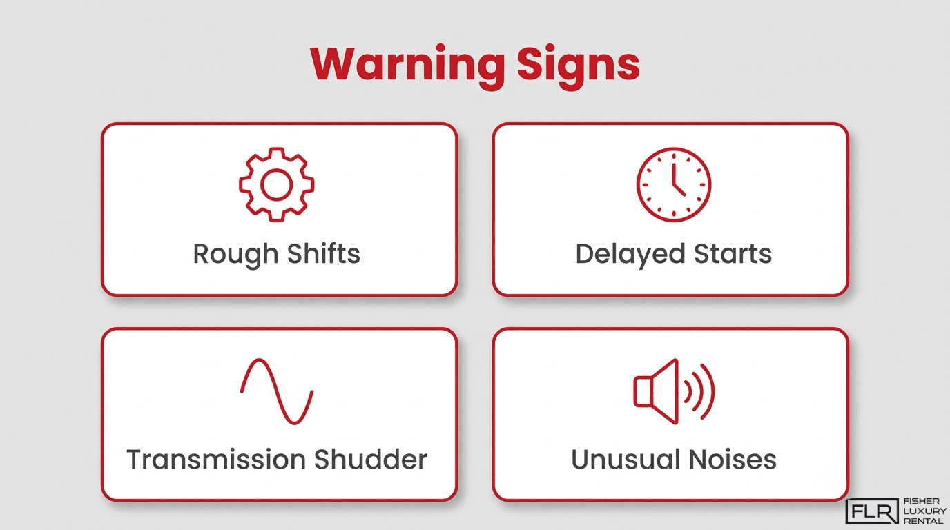 DCT filter failure warning signs infographic showing rough shifts, delayed starts, transmission shudder, and unusual noises