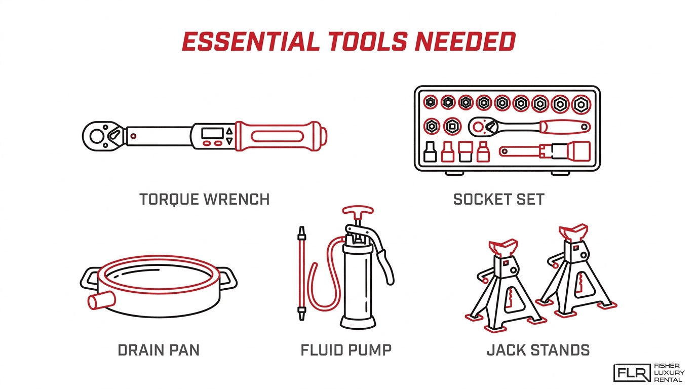 Essential tools needed for DCT filter replacement including torque wrench, socket set, drain pan, fluid pump, and jack stands