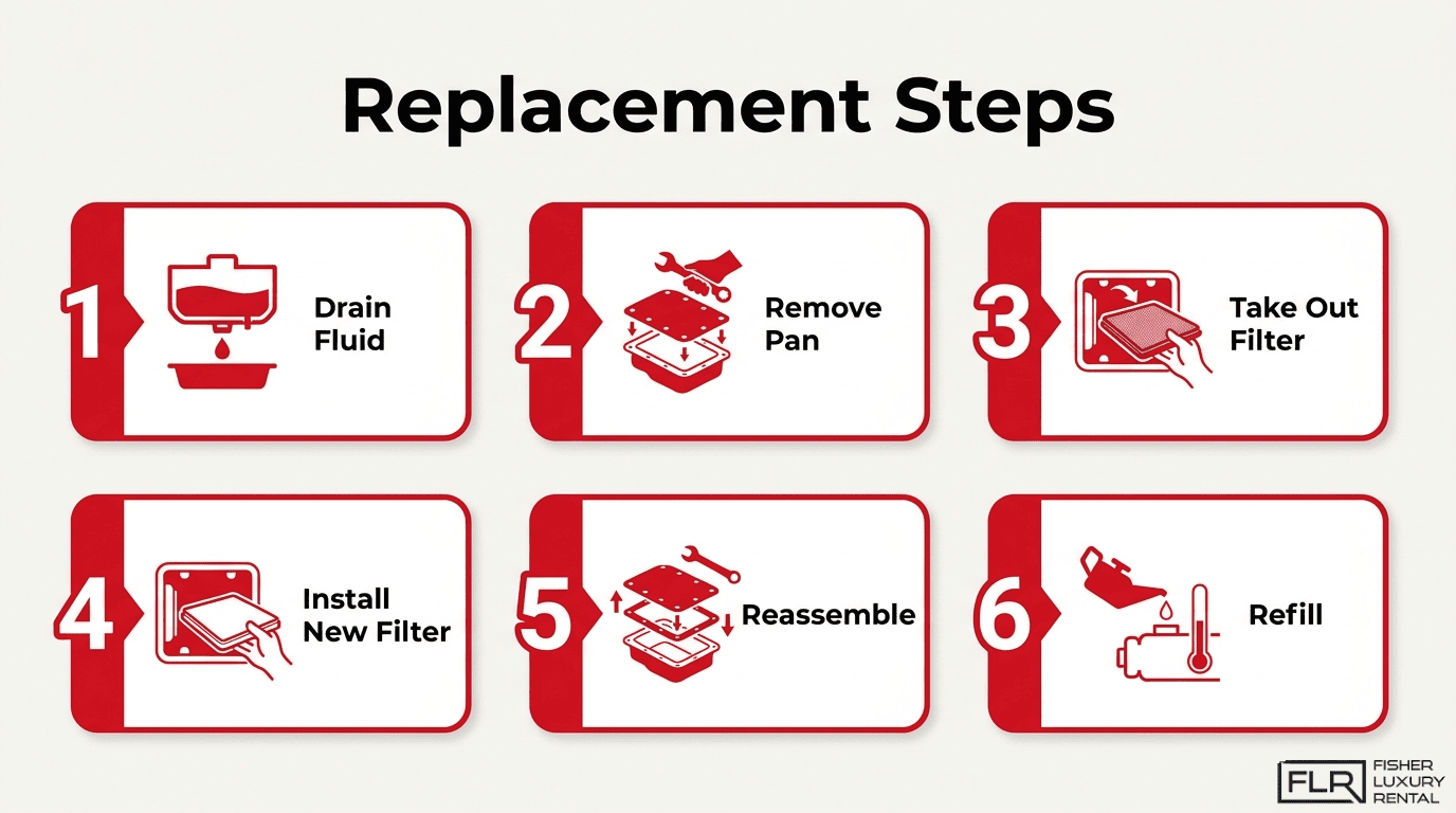 DCT filter replacement steps infographic showing drain fluid, remove pan, take out filter, install new filter, reassemble, and refill