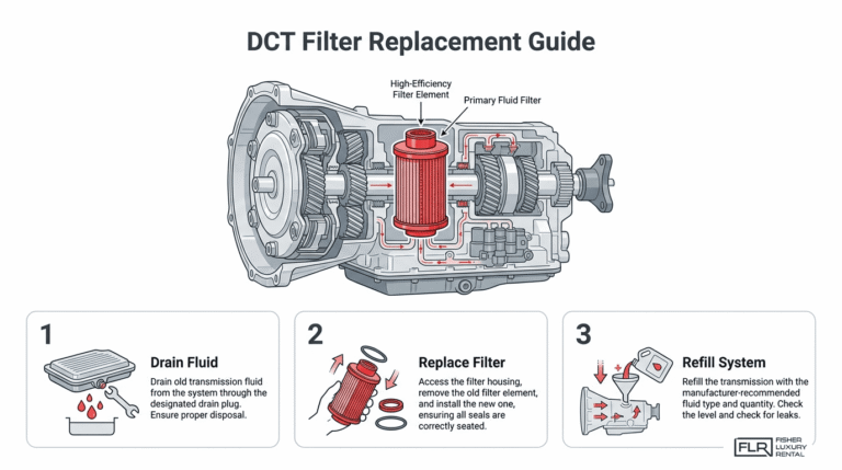 DCT filter replacement guide showing transmission filter location with drain fluid, replace filter, and refill system steps
