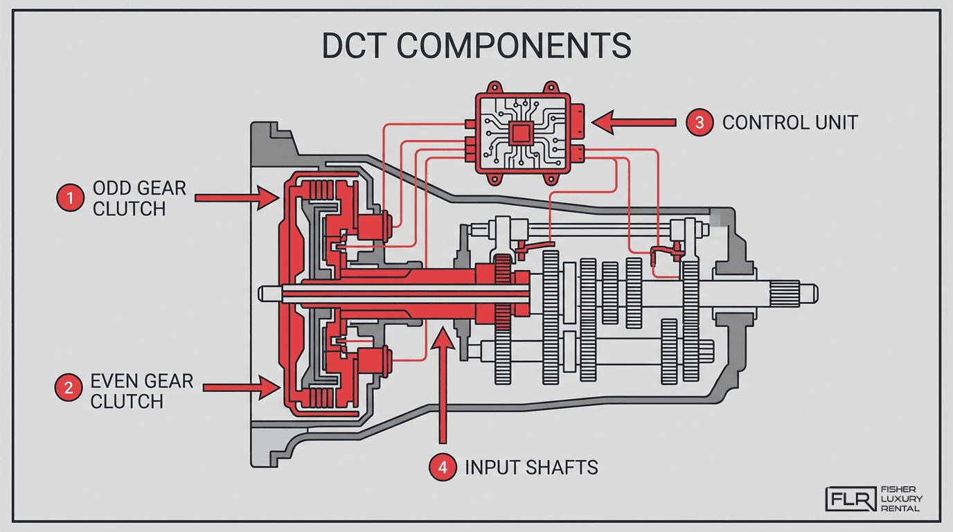 DCT components diagram showing odd gear clutch, even gear clutch, control unit, and input shafts inside a dual clutch transmission