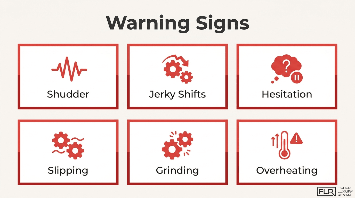 DCT transmission warning signs chart showing shudder, jerky shifts, hesitation, slipping, grinding, and overheating symptoms