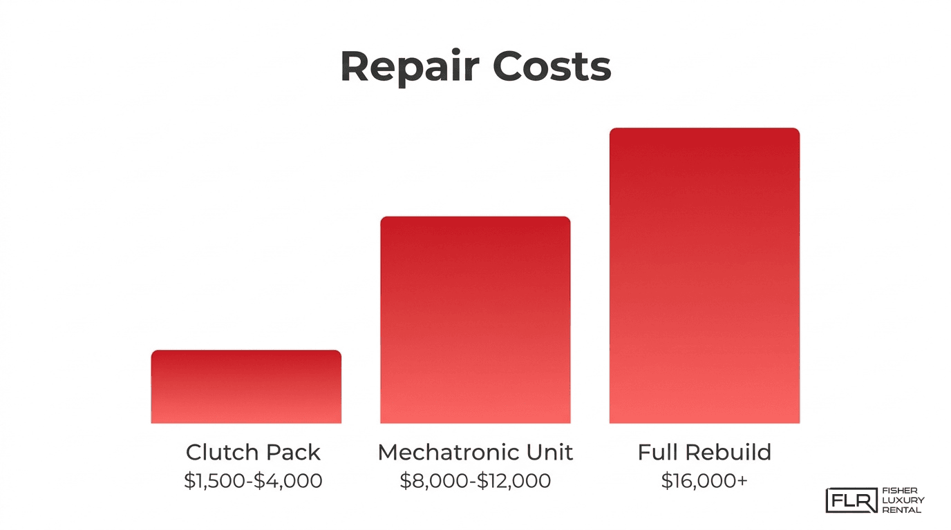 DCT transmission repair cost chart showing clutch pack, mechatronic unit, and full rebuild price ranges for luxury cars