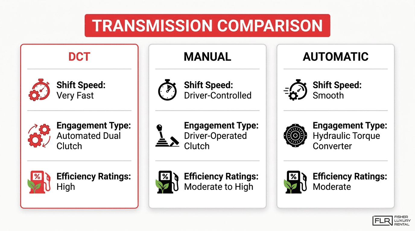 Transmission comparison infographic showing DCT, manual, and automatic differences in shift speed, engagement type, and efficiency ratings.