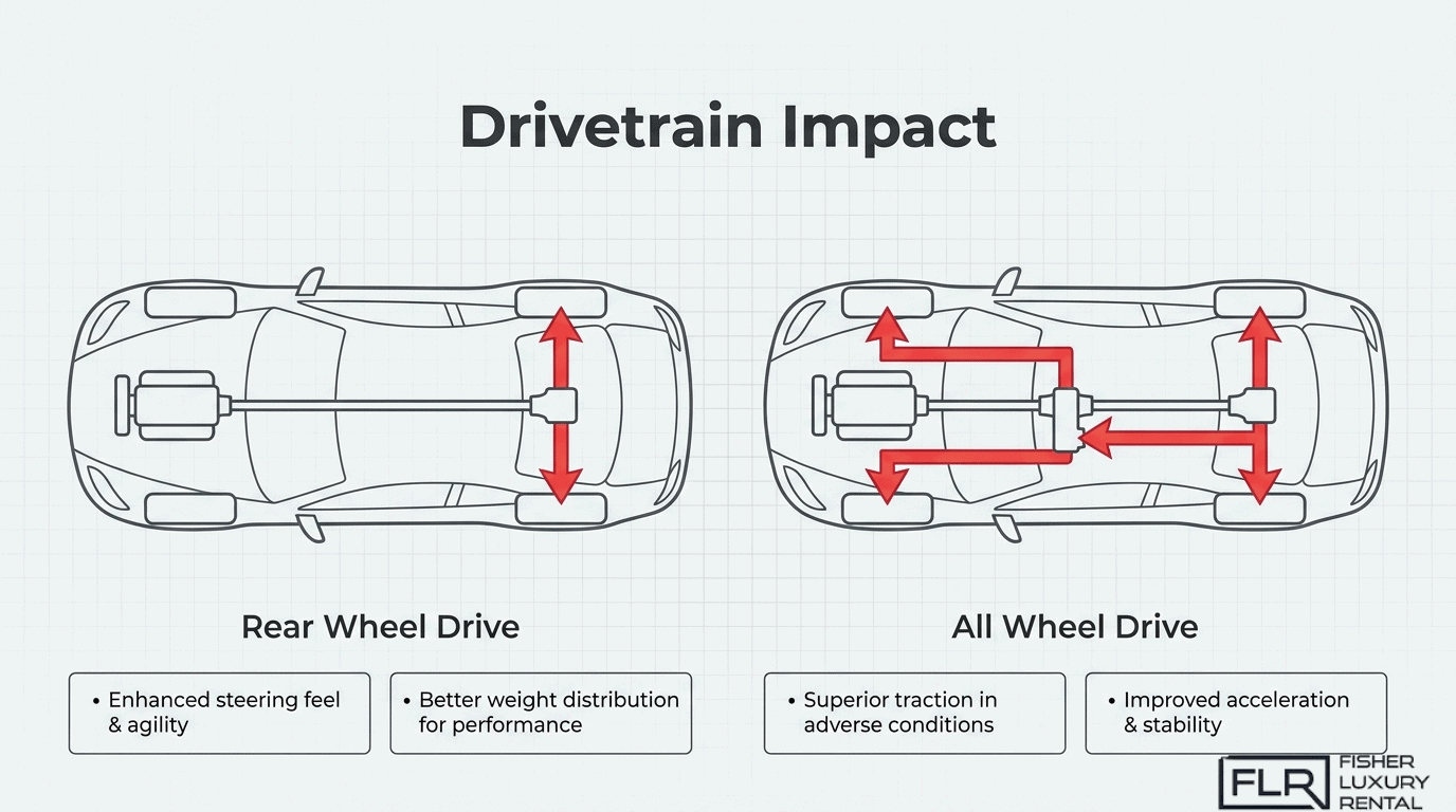 Drivetrain impact infographic comparing rear-wheel drive and all-wheel drive layouts for exotic car traction, agility, acceleration, and stability.