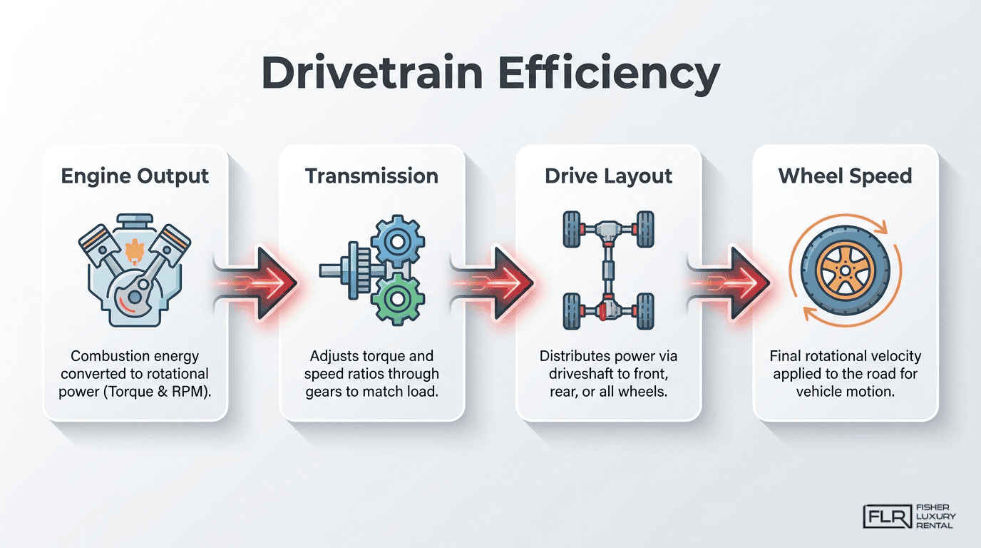 Drivetrain efficiency infographic showing power transfer from engine output through transmission and drive layout to wheel speed.