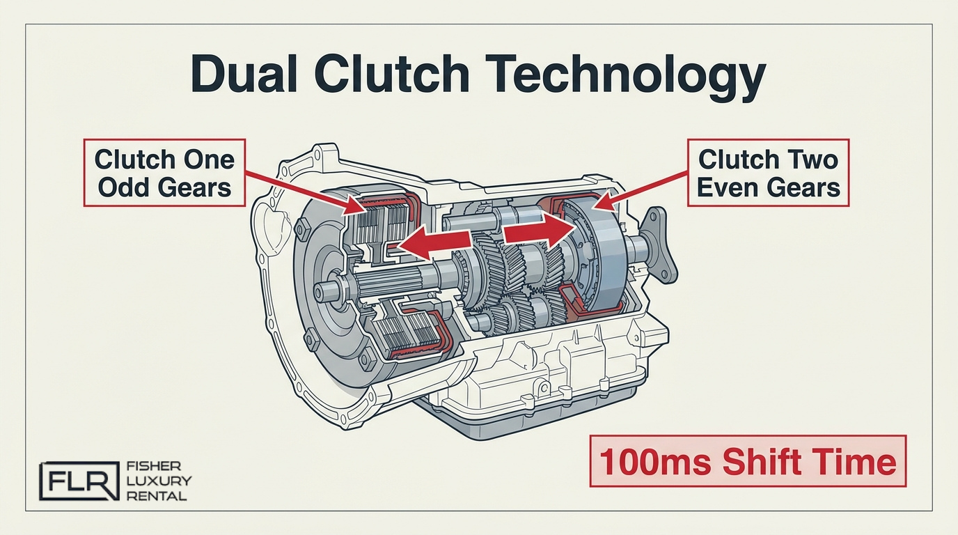 Dual clutch transmission diagram showing clutch one for odd gears, clutch two for even gears, and 100ms shift time in exotic cars.