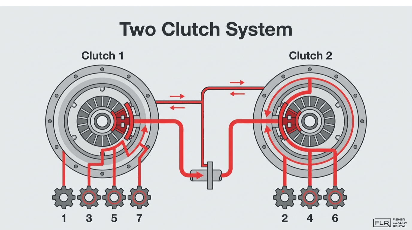 Dual clutch transmission diagram showing clutch 1 controlling odd gears and clutch 2 controlling even gears