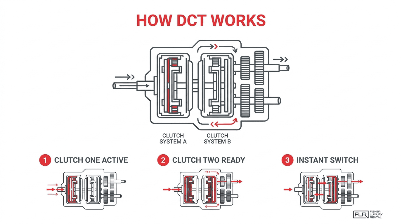 Diagram explaining how a dual-clutch transmission works, showing clutch system A, clutch system B, gear engagement, and instant switching between clutches.