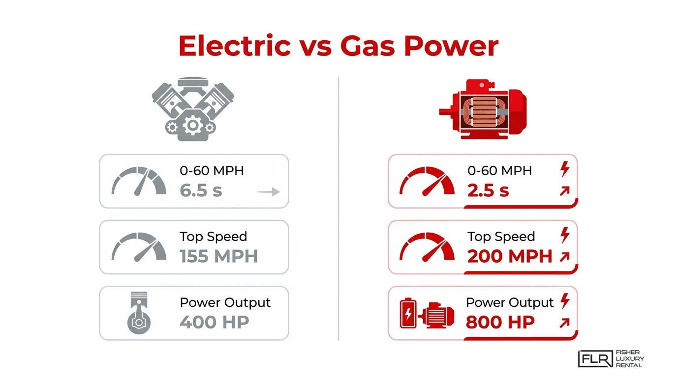 Electric vs gas power comparison infographic showing acceleration, top speed, and horsepower differences between gas and electric performance cars