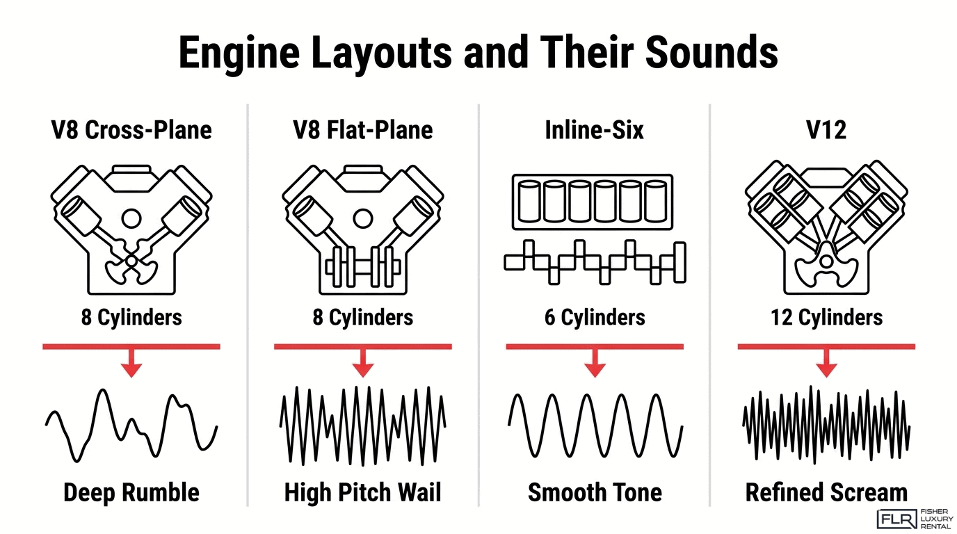 Engine layout sound comparison showing V8 cross-plane, V8 flat-plane, inline-six, and V12 sound wave patterns