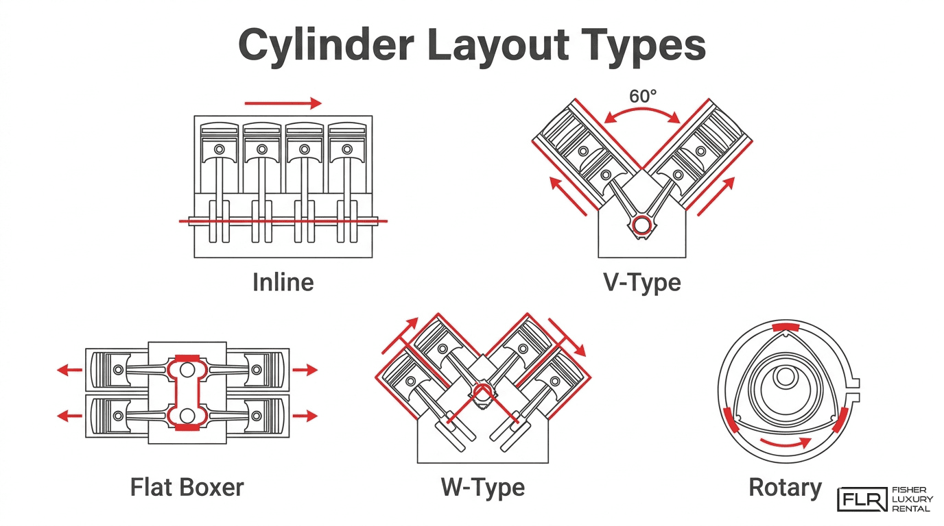 Cylinder layout types infographic comparing inline, V-type, flat boxer, W-type, and rotary engine configurations.