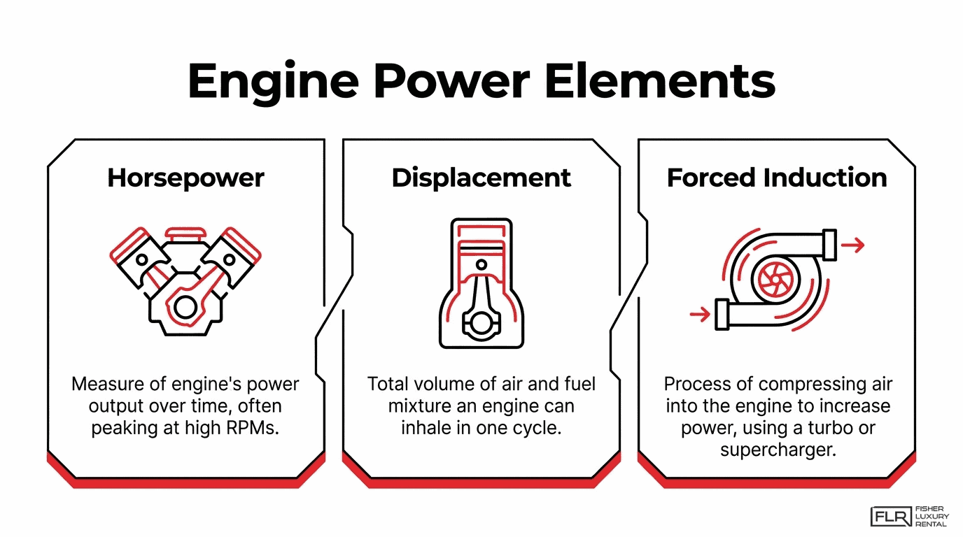 Engine power elements infographic explaining horsepower, displacement, and forced induction as key factors in vehicle performance.