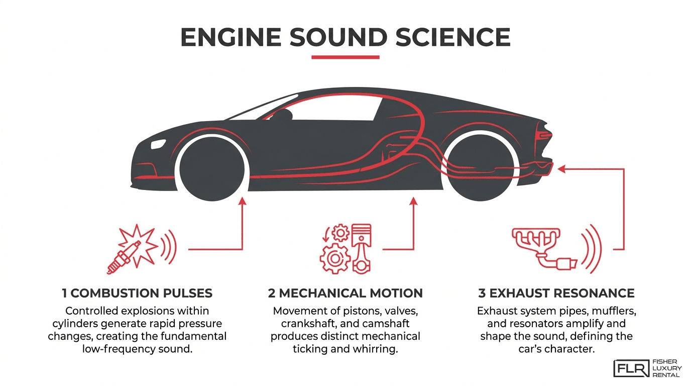 Engine sound science infographic showing how combustion pulses, mechanical motion, and exhaust resonance create luxury car engine noise