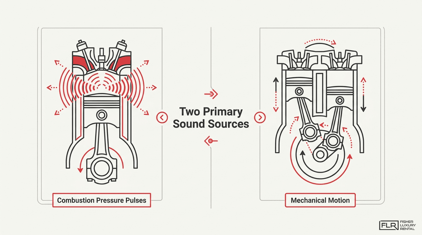 Two primary engine sound sources diagram comparing combustion pressure pulses and mechanical motion inside car cylinders