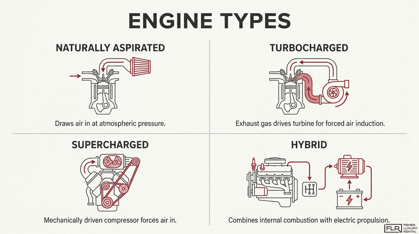 Infographic comparing engine types, including naturally aspirated, turbocharged, supercharged, and hybrid engines with basic airflow and power explanations.