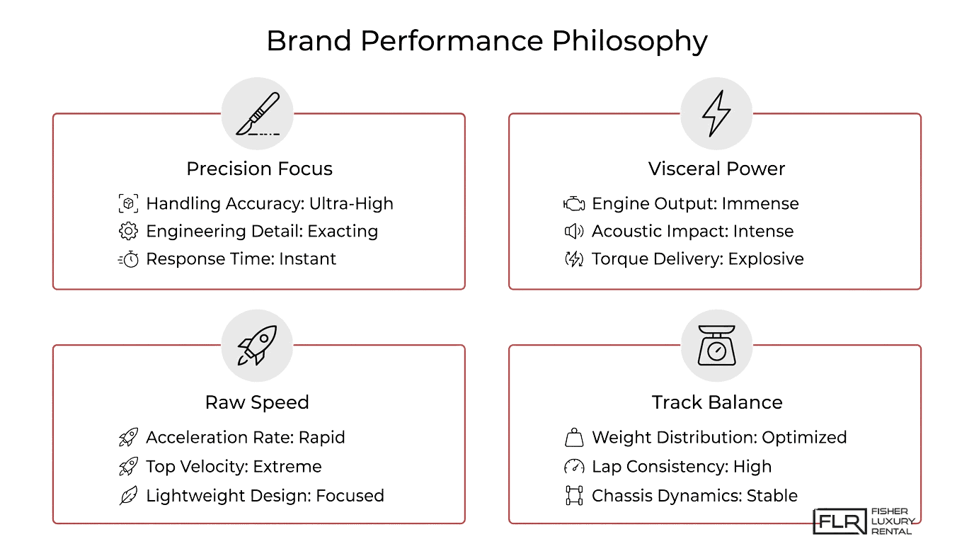 Exotic car brand performance philosophy graphic highlighting precision focus, visceral power, raw speed, and track balance.