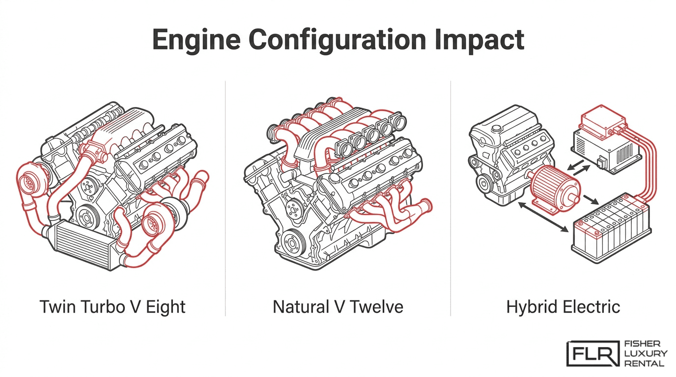 Engine configuration impact infographic comparing twin turbo V8, natural V12, and hybrid electric exotic car powertrains.