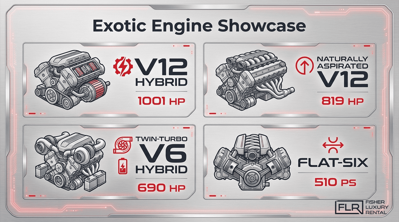 Exotic engine showcase infographic featuring V12 hybrid, naturally aspirated V12, twin-turbo V6 hybrid, and flat-six engine types.