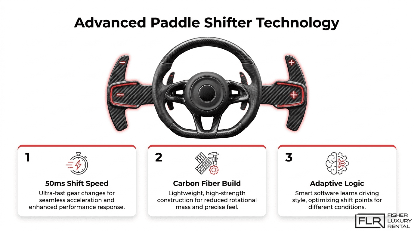 Advanced paddle shifter technology infographic showing a sports car steering wheel with carbon fiber paddle shifters, 50ms shift speed, carbon fiber build, and adaptive logic features.