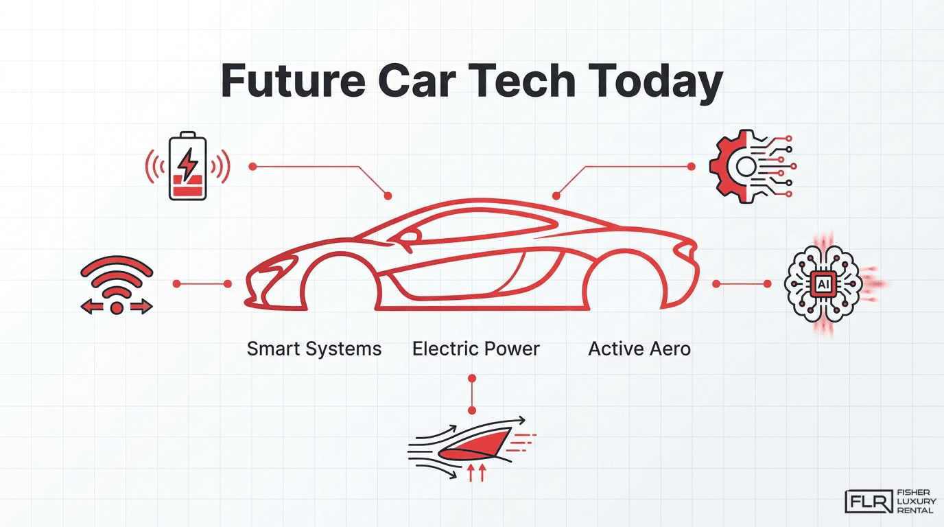 Future car technology infographic showing smart systems, electric power, active aero, and AI features in an exotic car