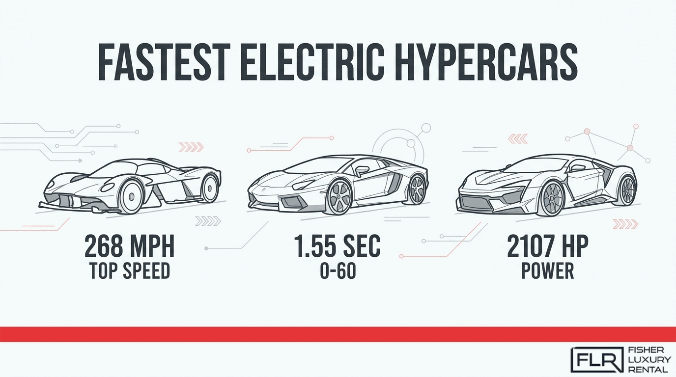 Fastest electric hypercars infographic showing 268 mph top speed, 1.55 second 0-60 time, and 2107 horsepower.