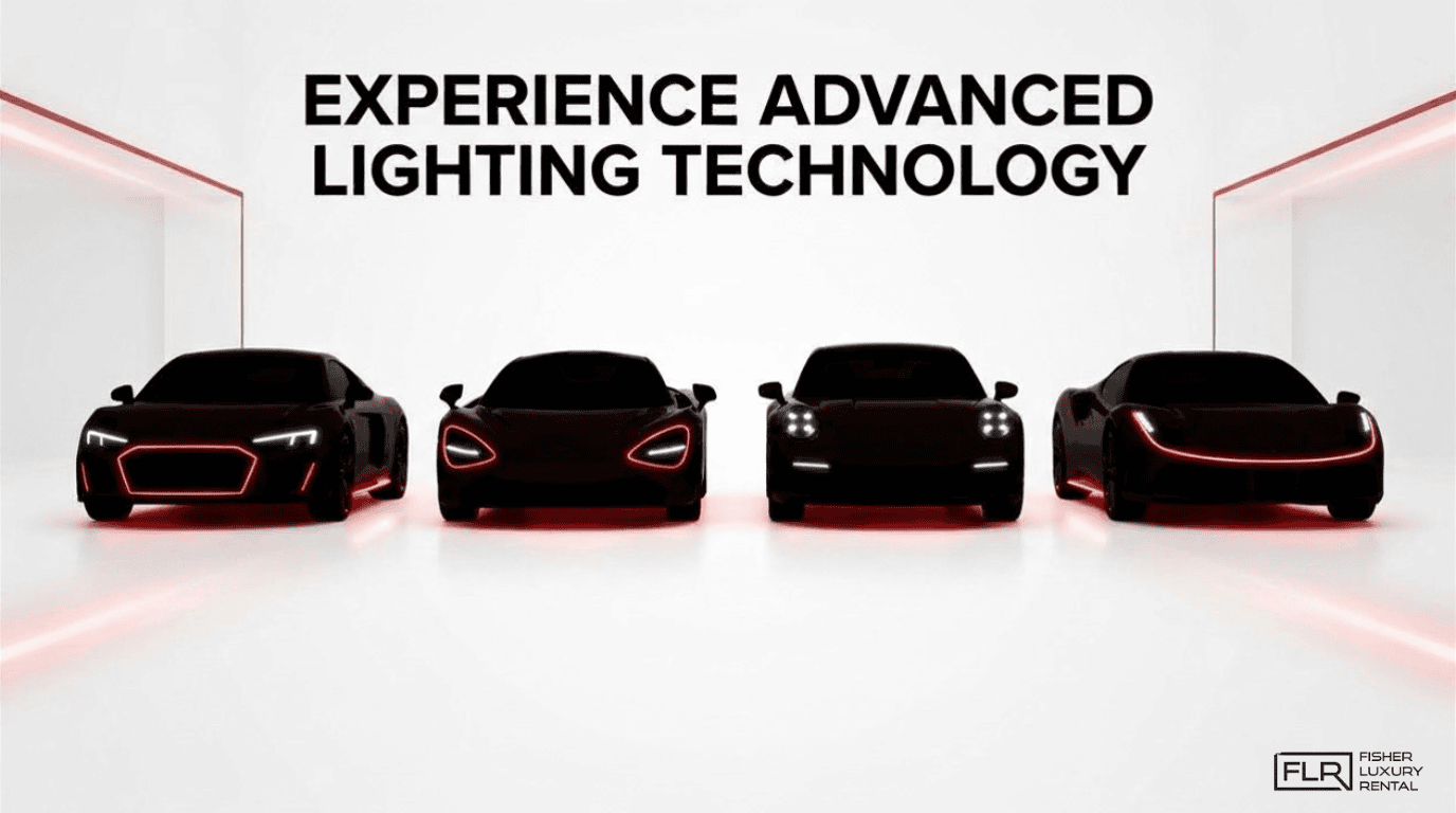 Luxury cars displayed with advanced lighting technology and distinctive LED headlight designs