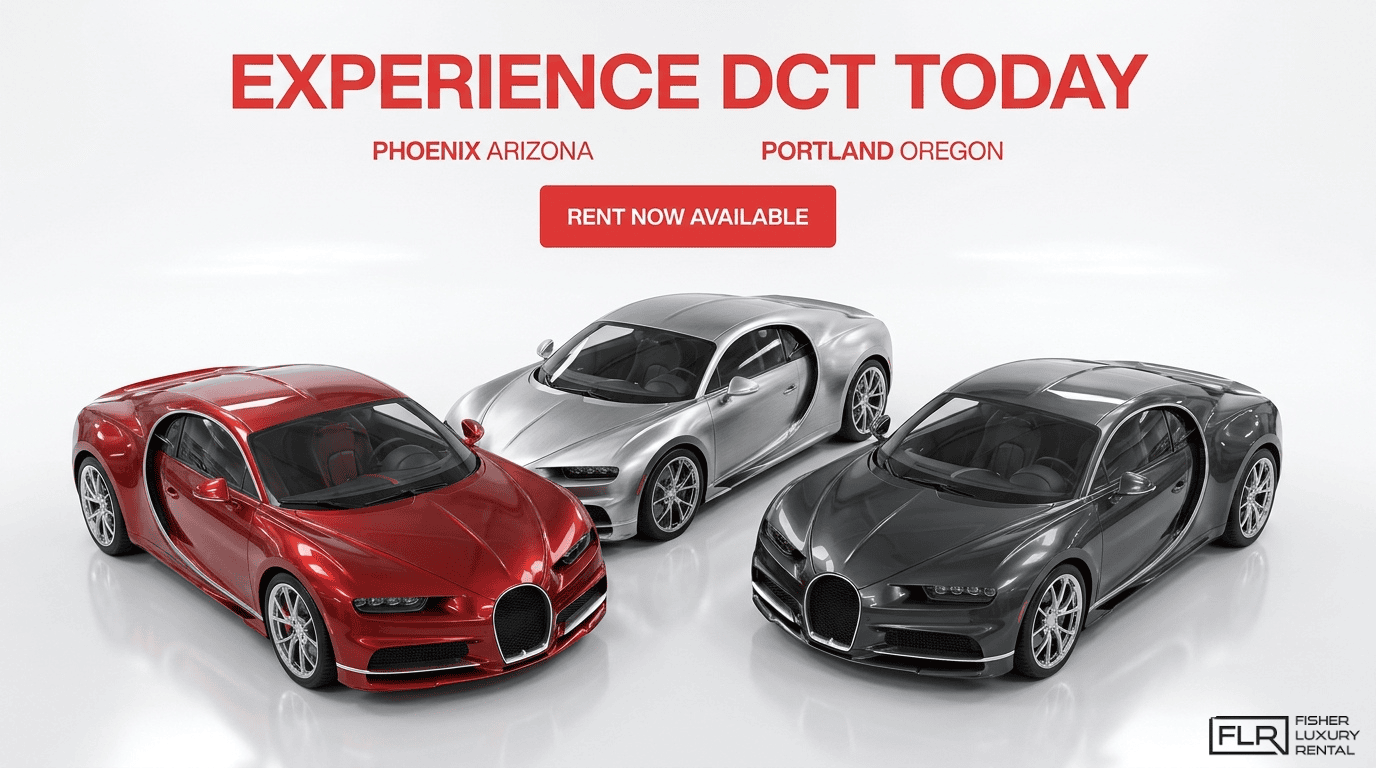 Luxury DCT supercar fleet featuring red, silver, and gray exotic cars available in Phoenix, Arizona and Portland, Oregon