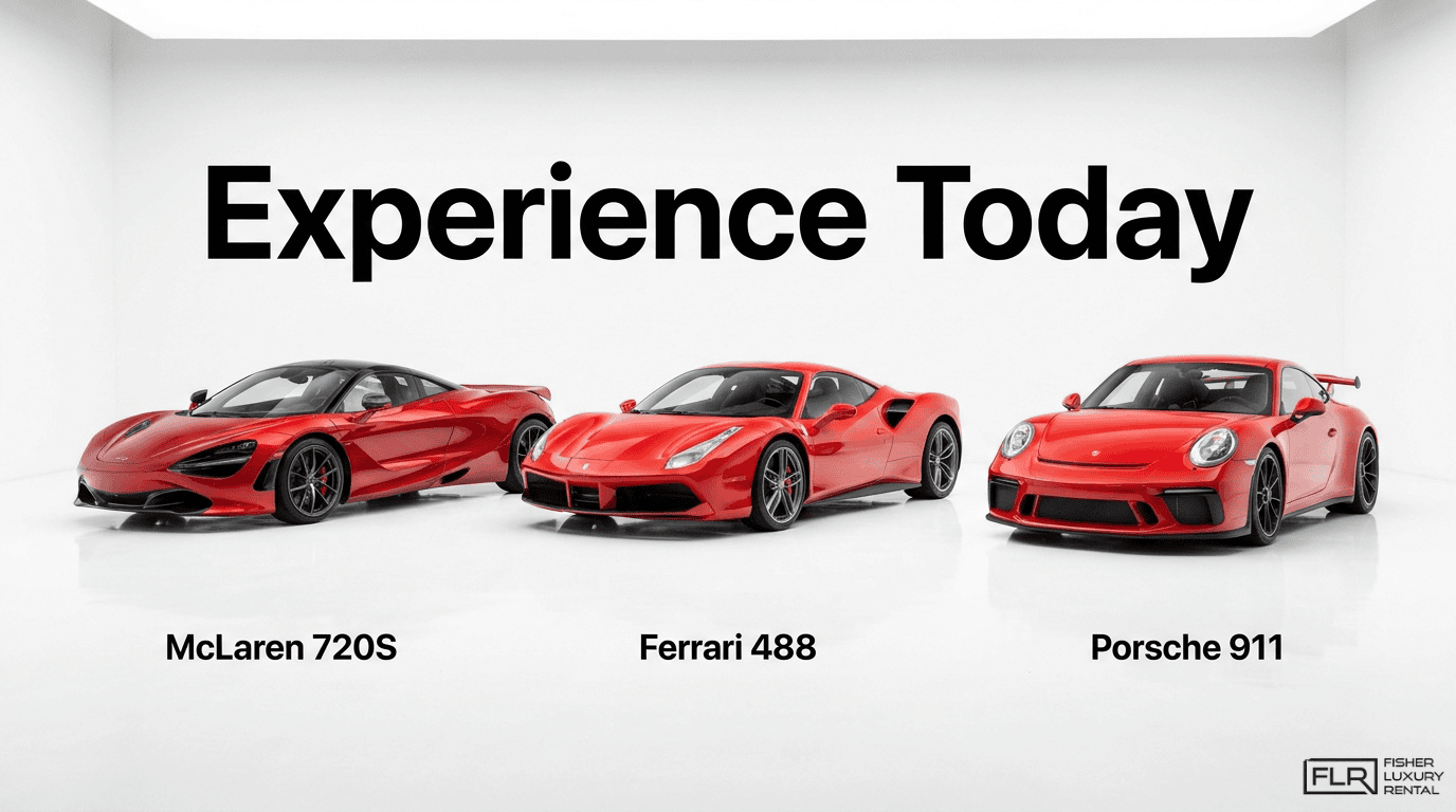 Red McLaren 720S, Ferrari 488, and Porsche 911 exotic cars displayed with Experience Today text for Fisher Luxury Rental