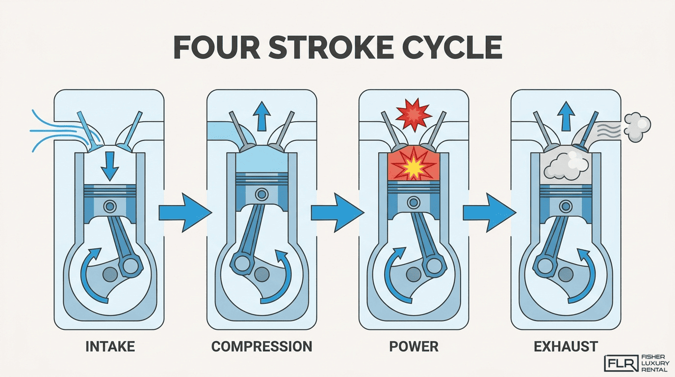 Four-stroke engine cycle diagram showing intake, compression, power, and exhaust stages inside an engine cylinder.