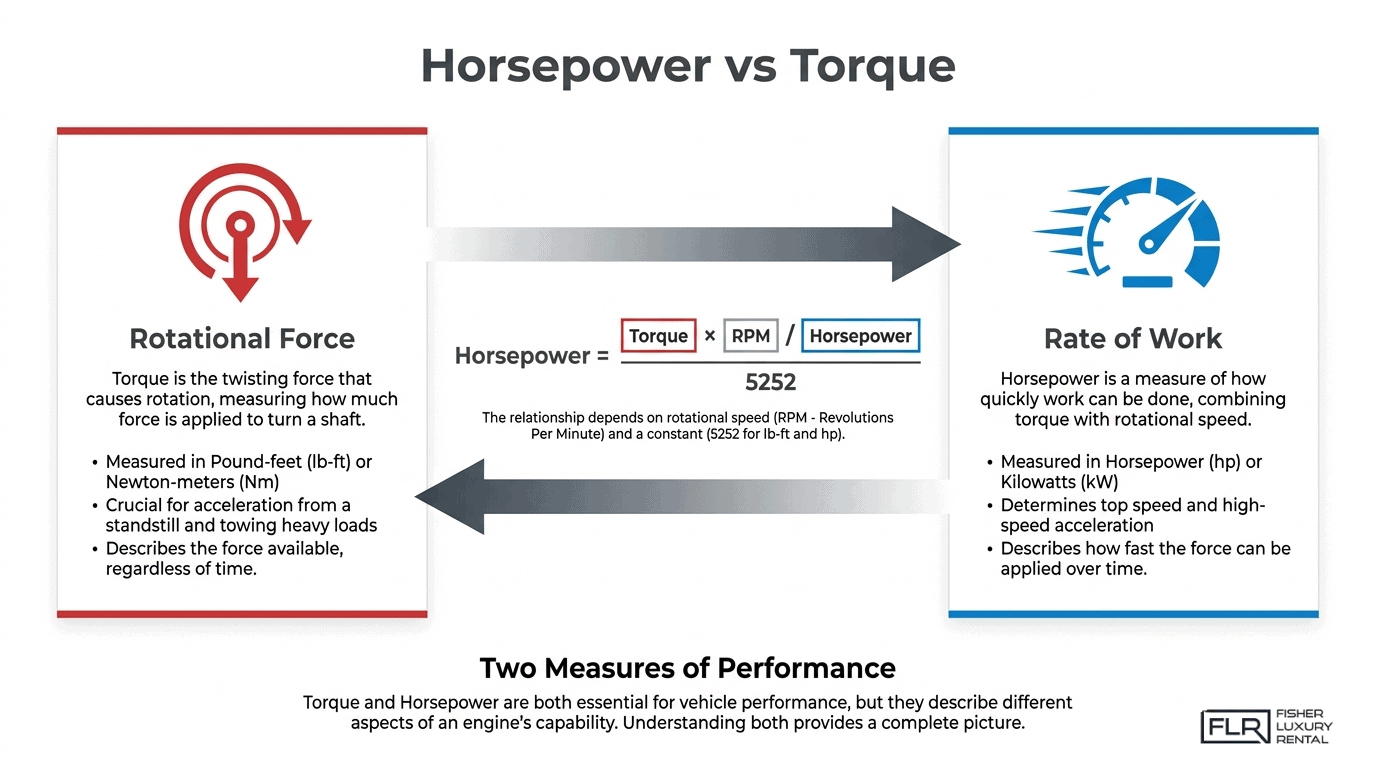 Horsepower vs torque infographic explaining rotational force, rate of work, and the formula connecting torque, RPM, and horsepower.