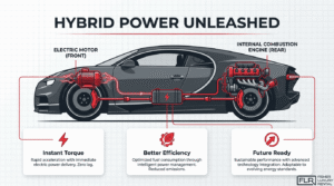 Hybrid power unleashed diagram showing electric motor, rear combustion engine, instant torque, better efficiency, and future-ready performance