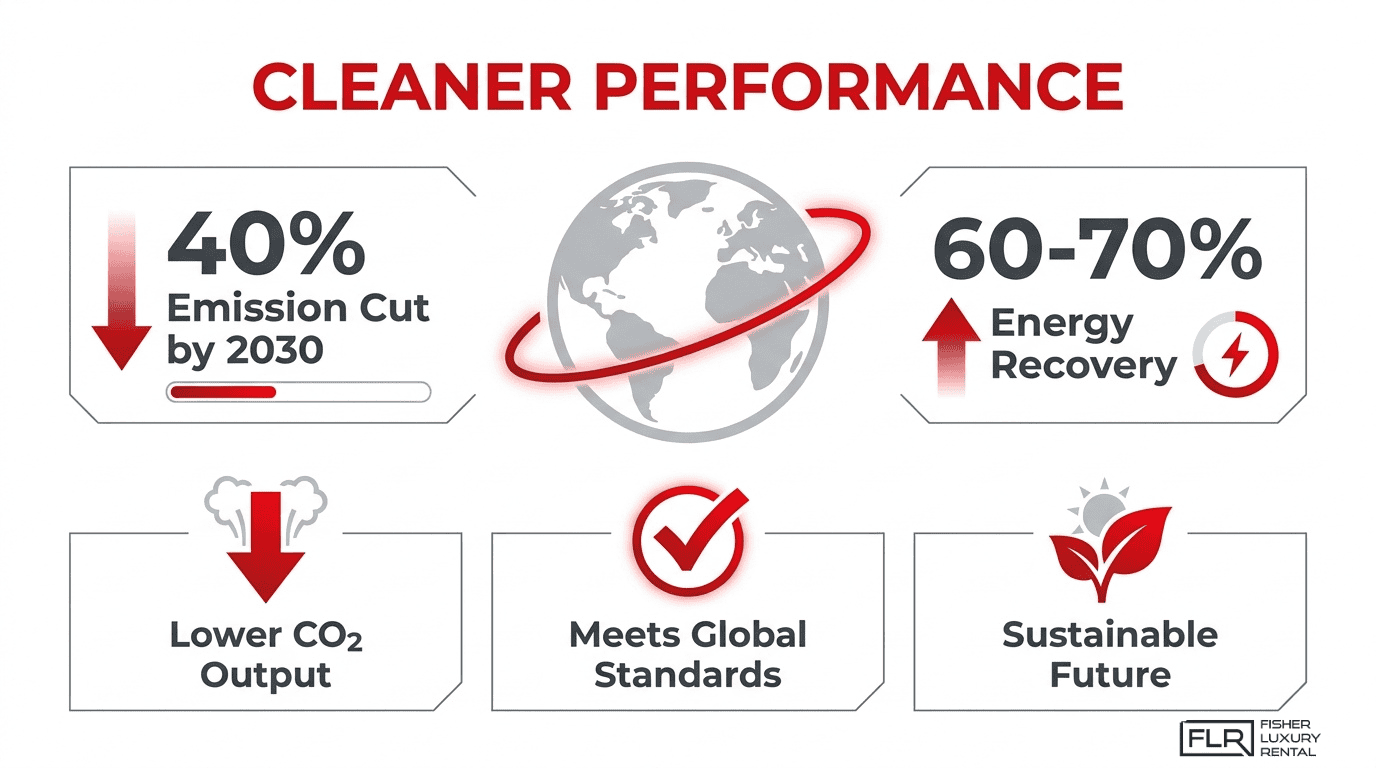 Cleaner performance infographic showing emission cuts, energy recovery, lower CO2 output, global standards, and sustainable future benefits