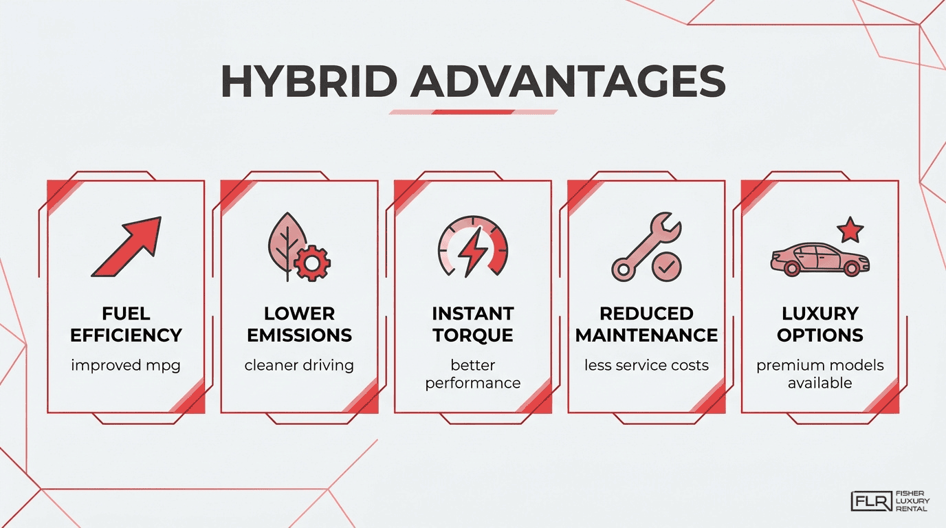 Hybrid advantages infographic highlighting fuel efficiency, lower emissions, instant torque, reduced maintenance, and luxury vehicle options.