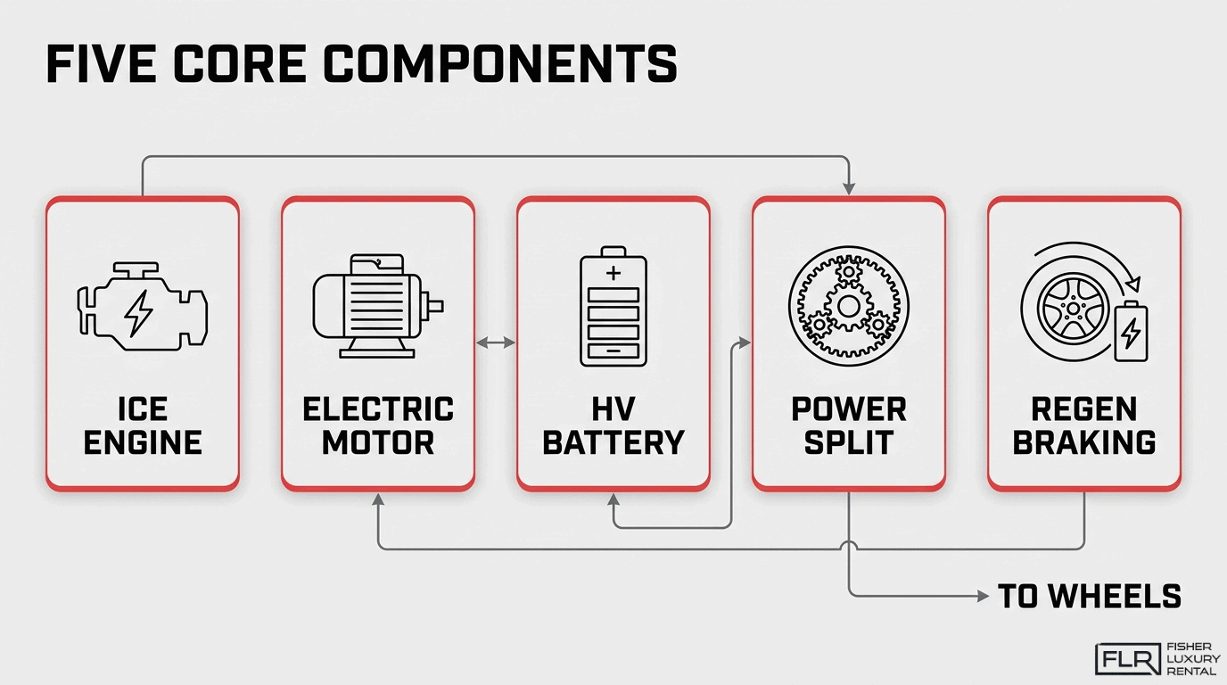 Five core hybrid components infographic showing ICE engine, electric motor, HV battery, power split, and regenerative braking connected to the wheels.