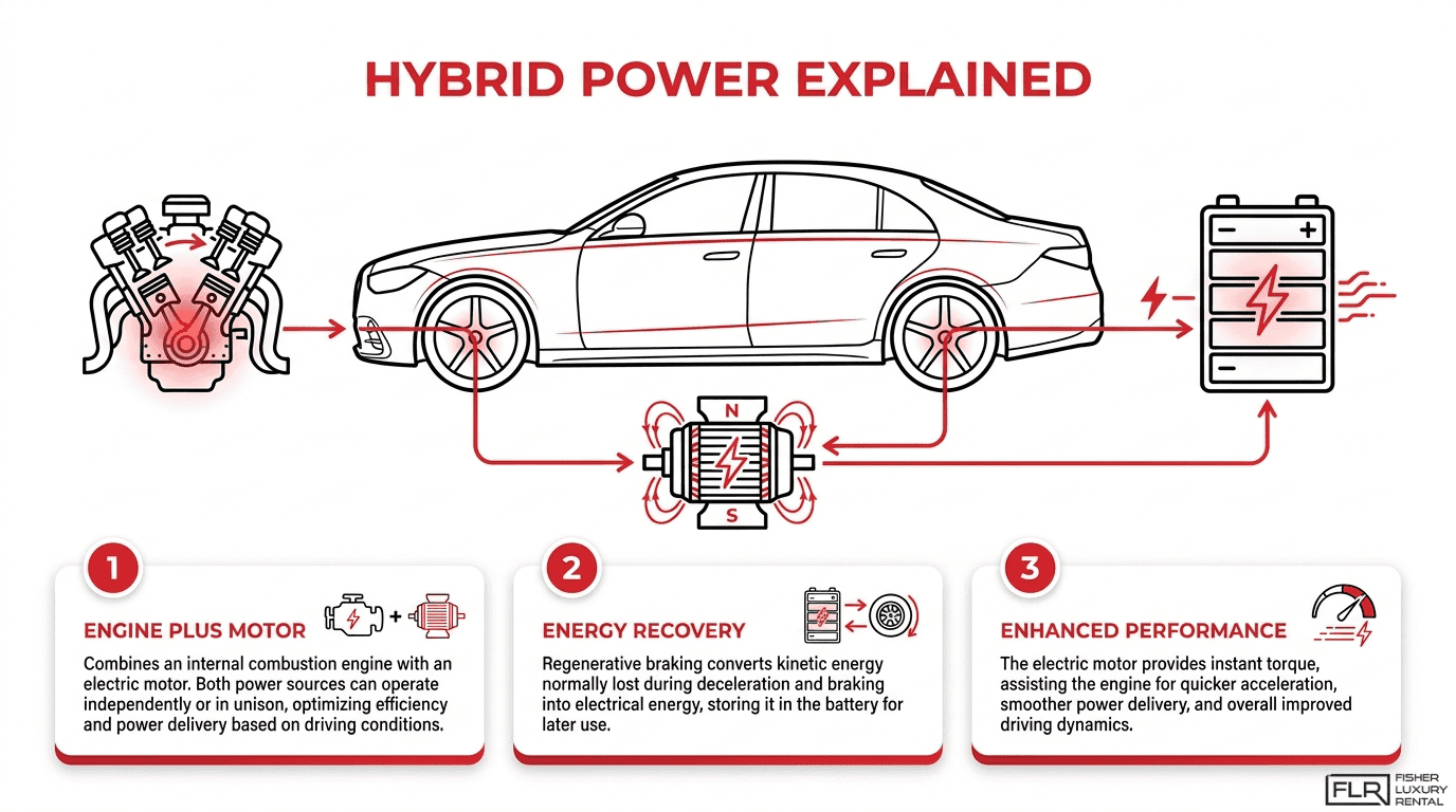 Hybrid power explained infographic showing how an engine, electric motor, battery, energy recovery, and enhanced performance work together in a hybrid vehicle.