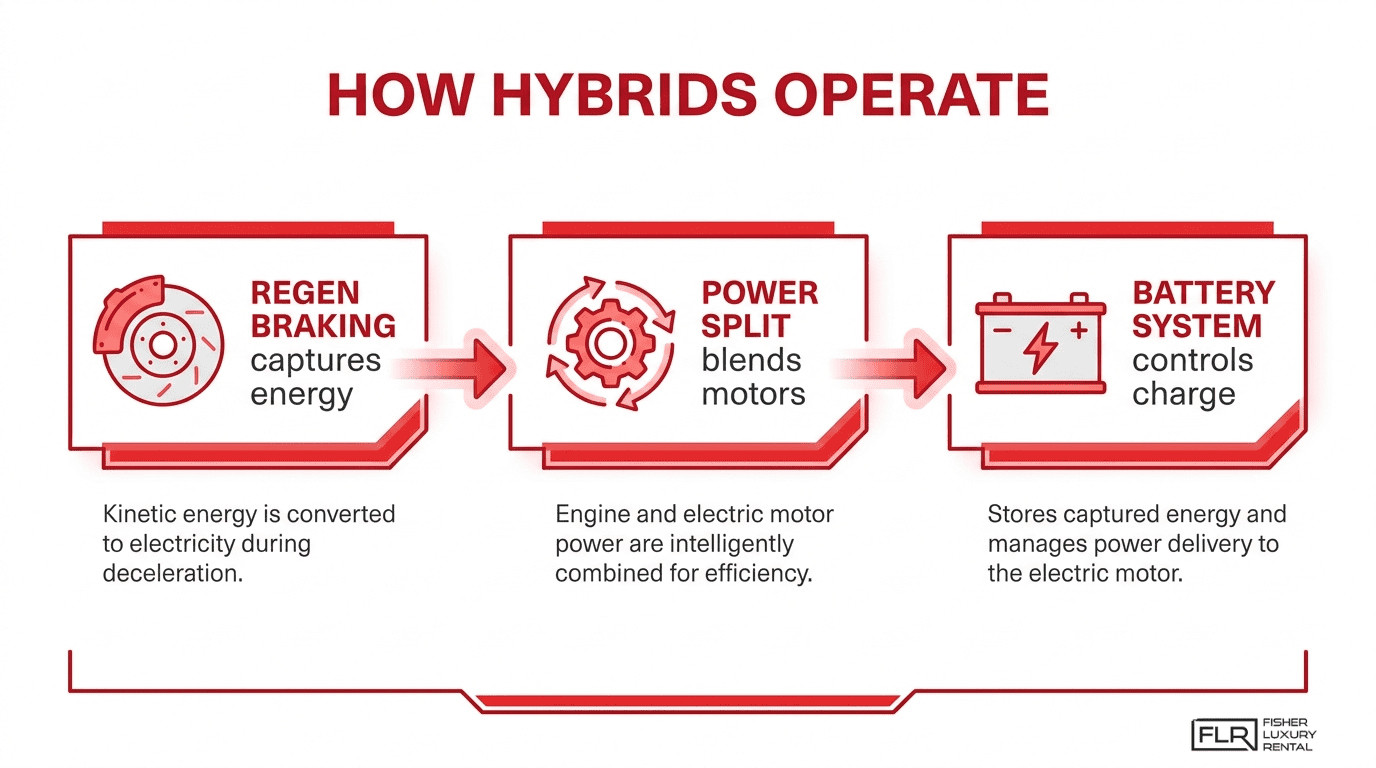 How hybrids operate infographic explaining regenerative braking, power split, and battery system functions in hybrid vehicles.