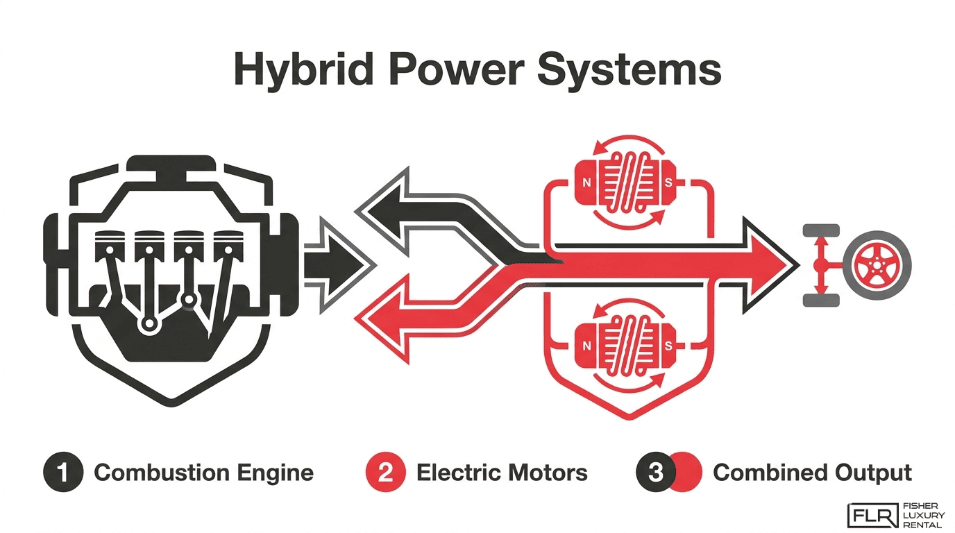 Hybrid power systems diagram showing combustion engine, electric motors, and combined output for performance cars