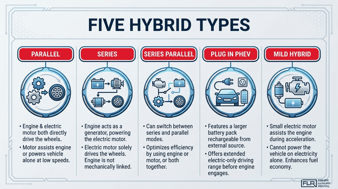 Five hybrid types infographic comparing parallel, series, series-parallel, plug-in hybrid, and mild hybrid systems.