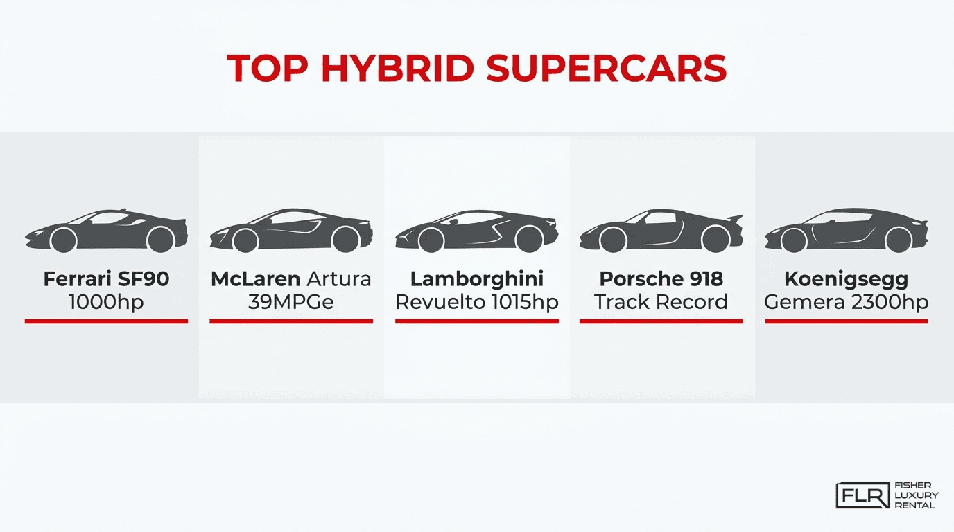 Top hybrid supercars comparison featuring Ferrari SF90, McLaren Artura, Lamborghini Revuelto, Porsche 918, and Koenigsegg Gemera