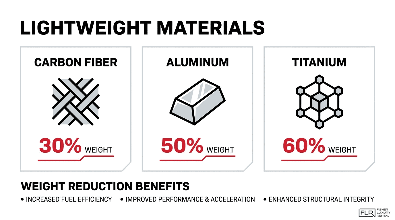 Lightweight materials infographic comparing carbon fiber, aluminum, and titanium weight reduction benefits for performance cars.