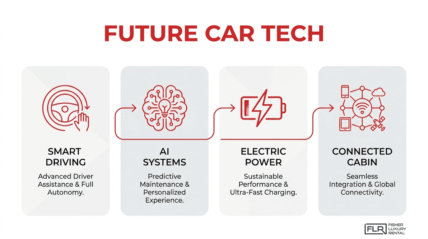 Future car technology infographic showing smart driving, AI systems, electric power, and connected cabin features