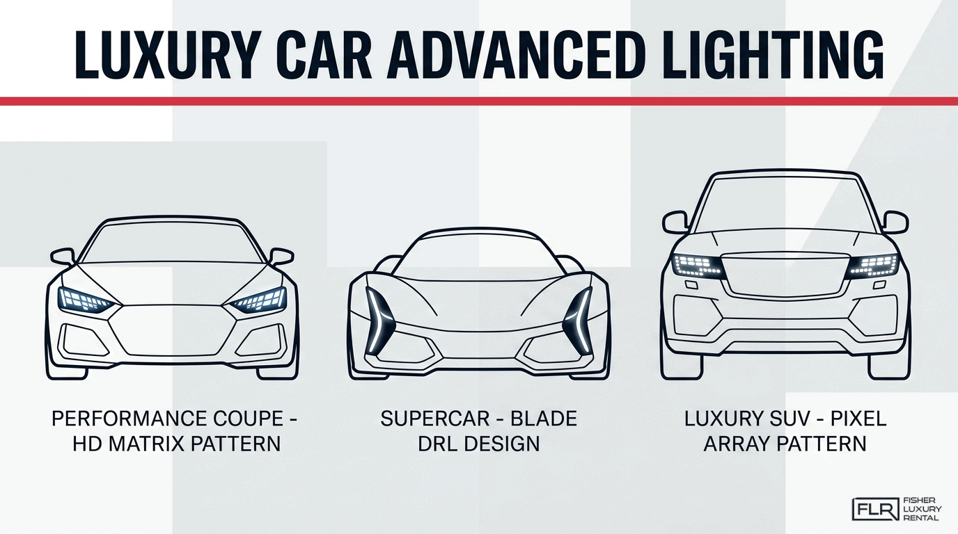 Luxury car advanced lighting illustration showing HD matrix headlights, blade DRL design, and pixel array lighting patterns