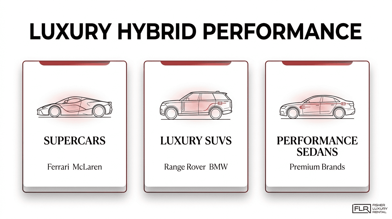 Luxury hybrid performance infographic showing hybrid supercars, luxury SUVs, and performance sedans from brands like Ferrari, McLaren, Range Rover, and BMW.
