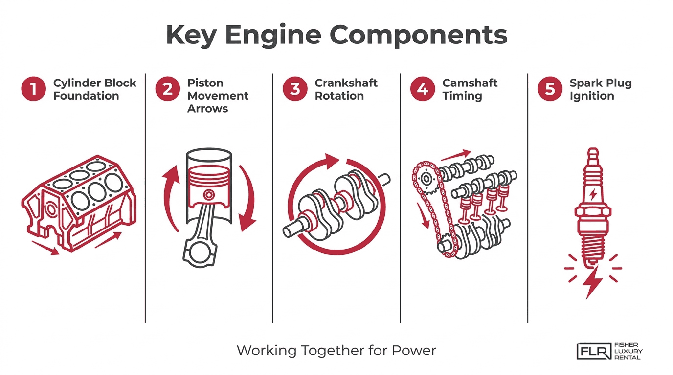 Diagram showing key engine components, including cylinder block, piston, crankshaft, camshaft, and spark plug working together to generate power.