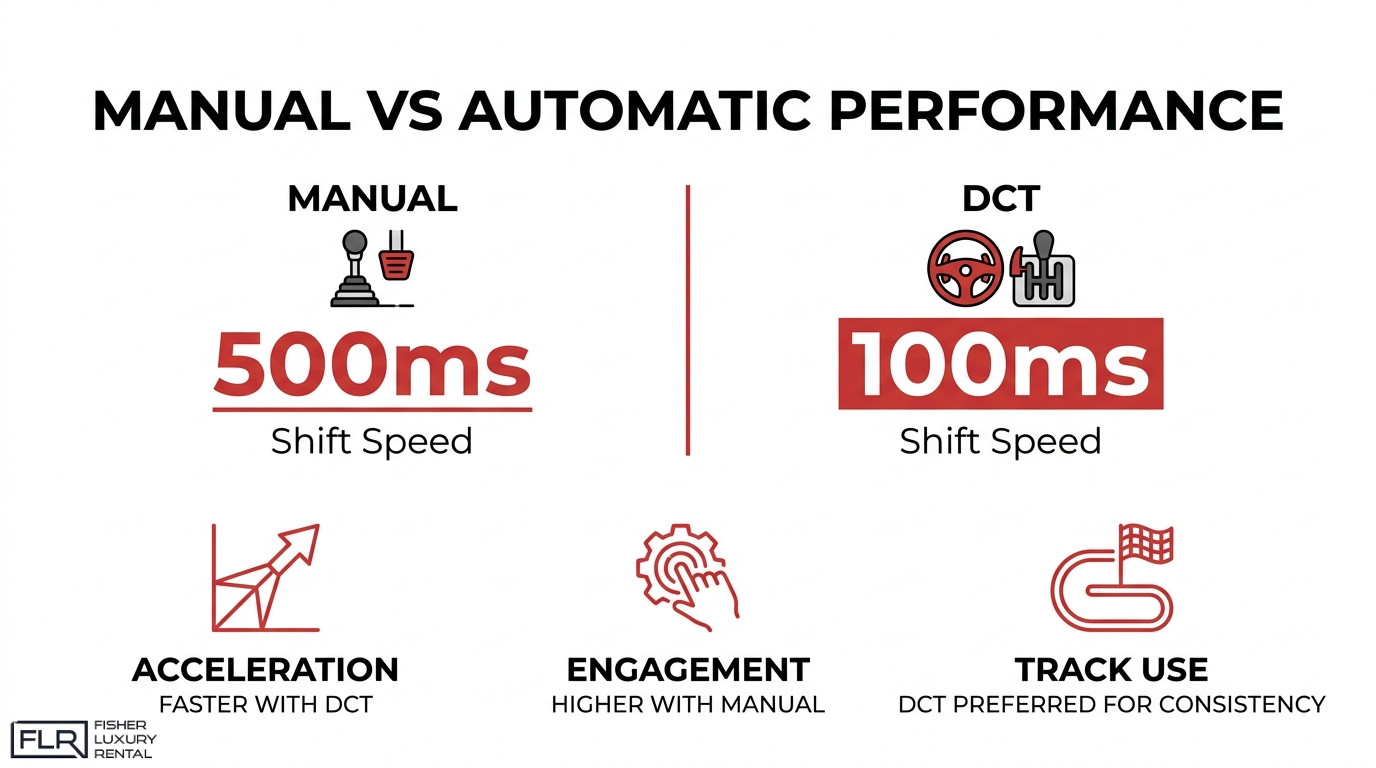 Manual vs automatic transmission performance comparison showing 500ms manual shift speed versus 100ms DCT shift speed for acceleration and track use.