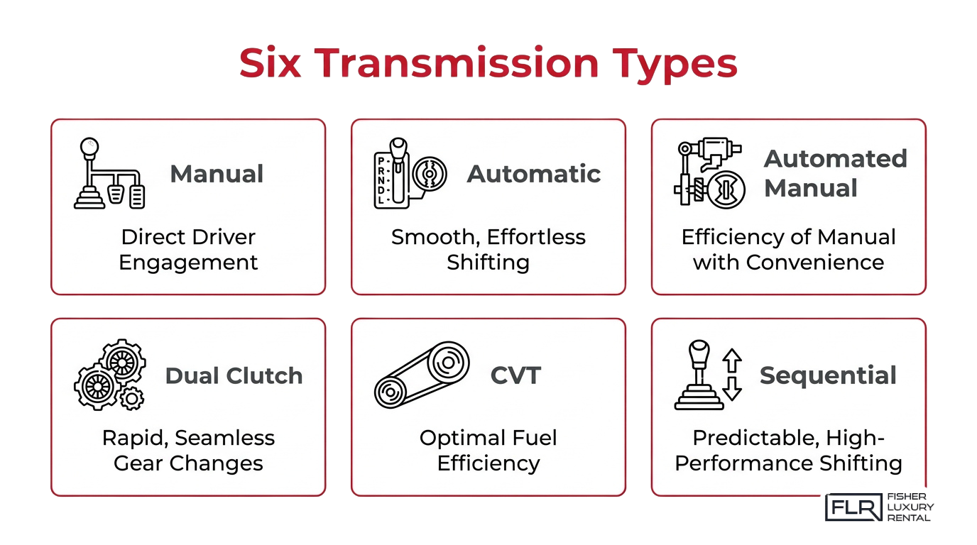 Six performance car transmission types infographic comparing manual, automatic, automated manual, dual clutch, CVT, and sequential transmissions.