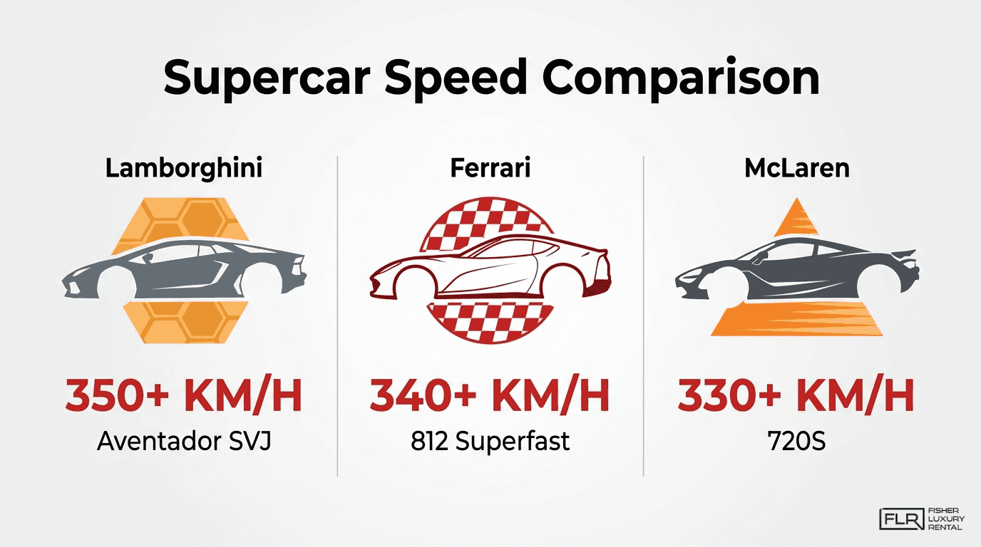 Supercar speed comparison chart showing Lamborghini Aventador SVJ, Ferrari 812 Superfast, and McLaren 720S top speeds.