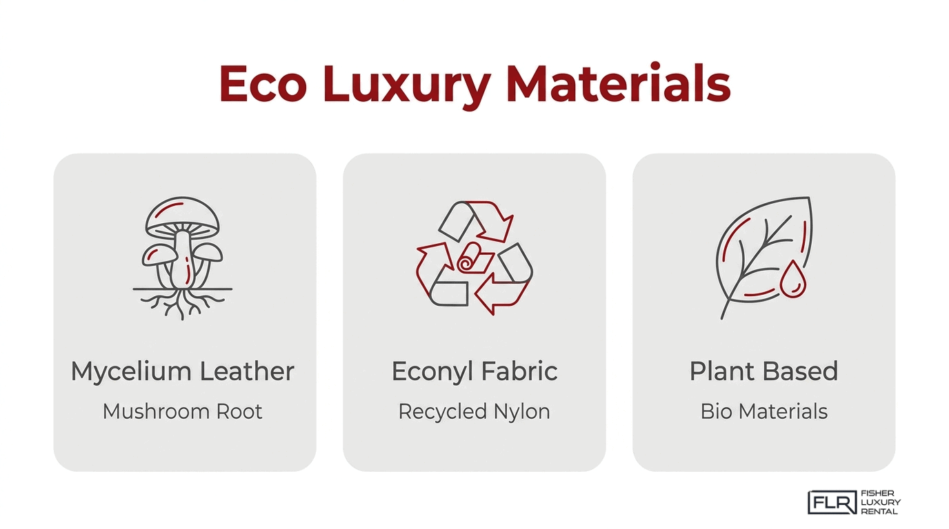 Eco luxury materials infographic showing mycelium leather, Econyl recycled nylon fabric, and plant-based bio materials for car interiors