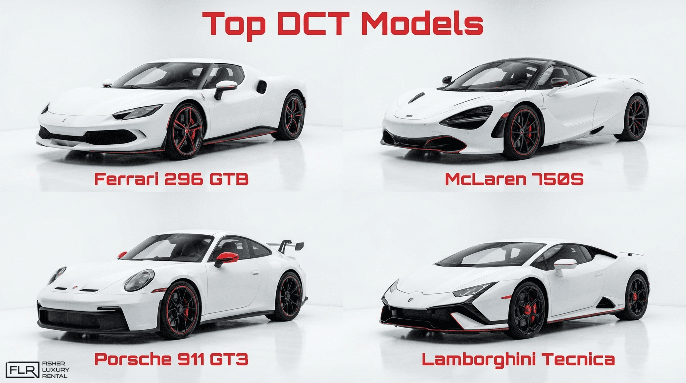Top DCT supercars lineup featuring Ferrari 296 GTB, McLaren 750S, Porsche 911 GT3, and Lamborghini Tecnica
